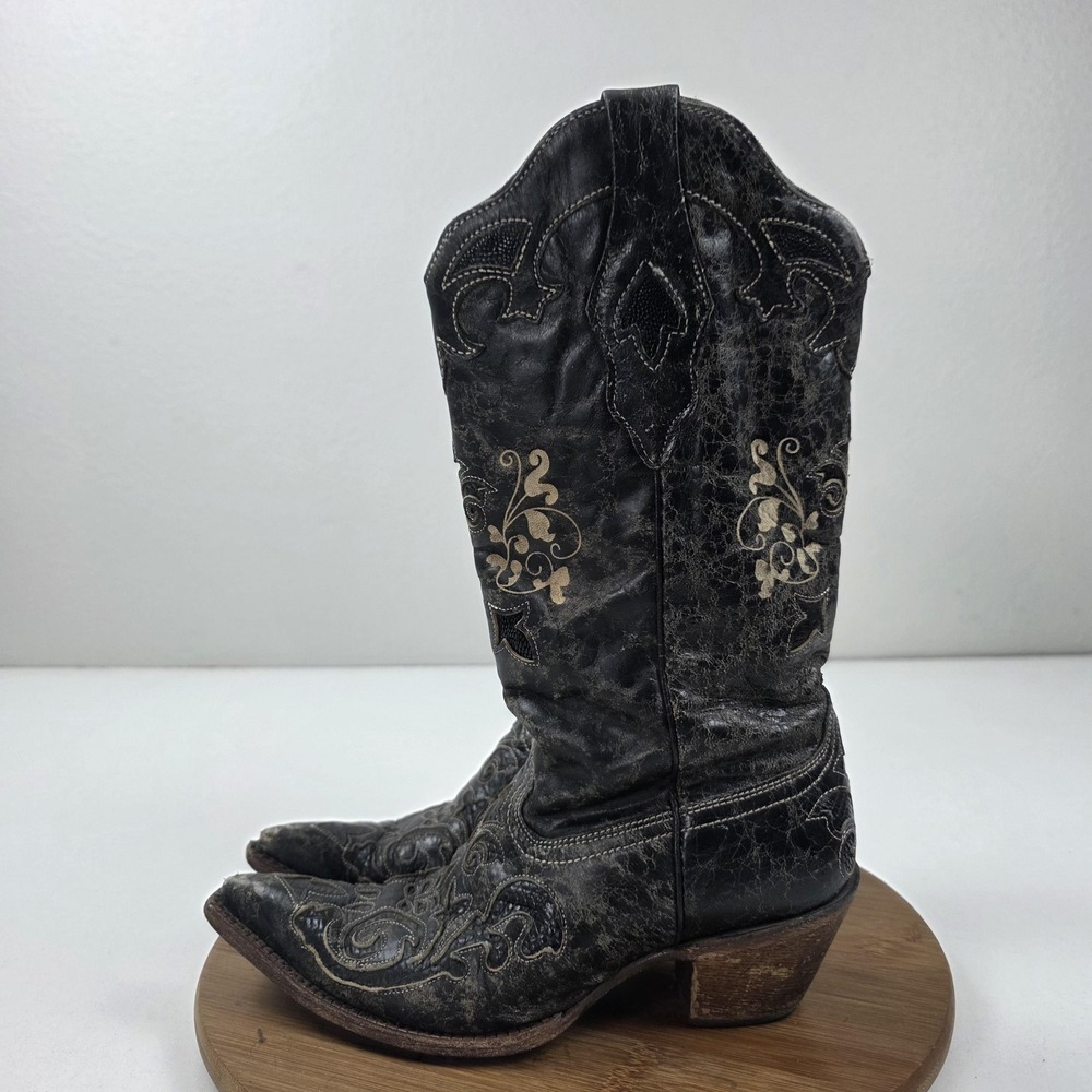 Corral Boots Womens Size 7.5 M Black Leather Western Floral Embroidered 75194